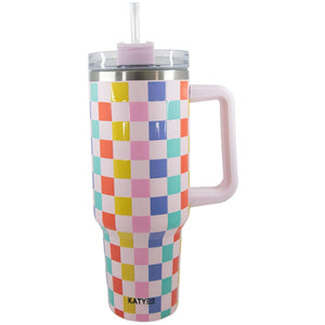 Pink-Multicolored Checkered Tumbler Cup