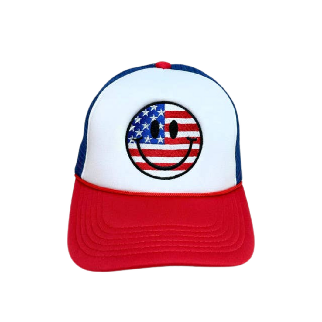 Happy Face American Flag Embroidered Trucker Hat