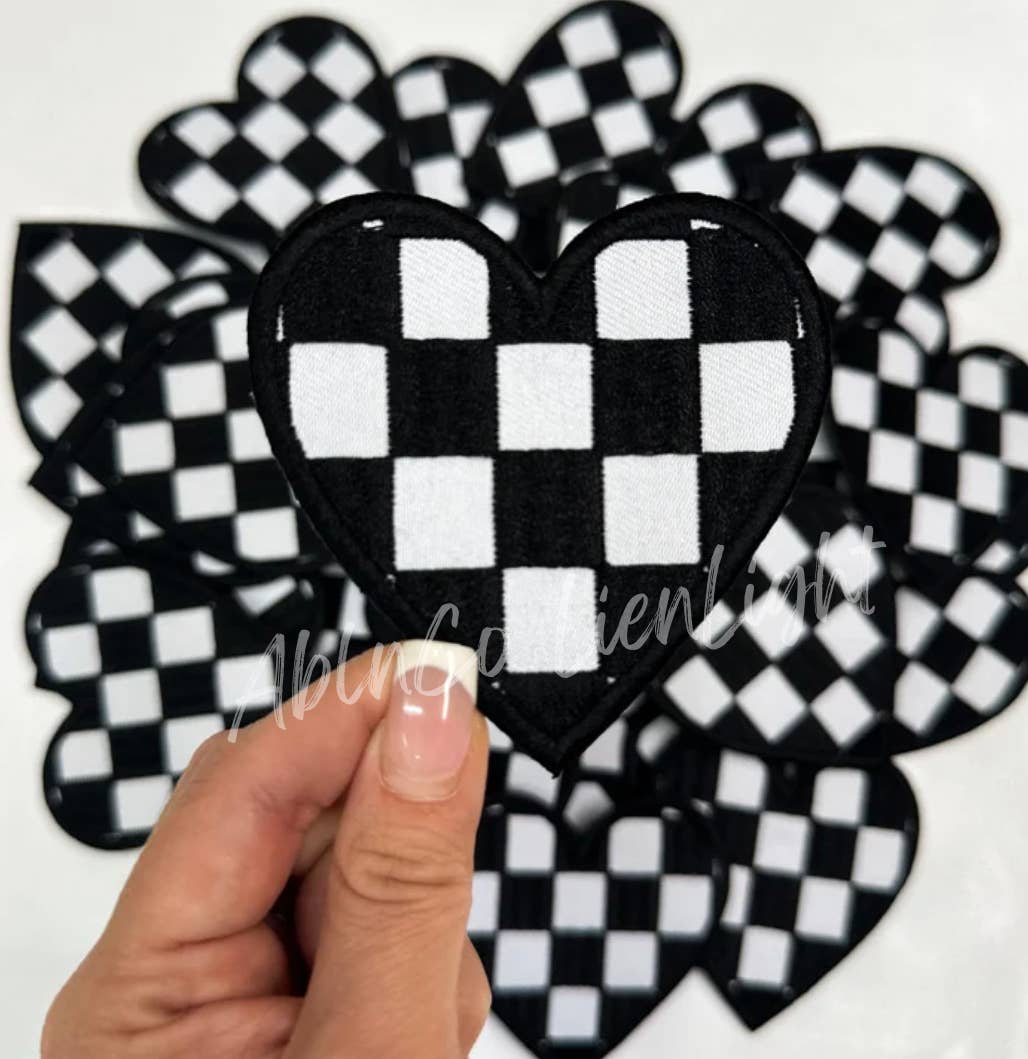 ABLN Boutique - Black checkered heart patch iron on trucker hat patches 3”