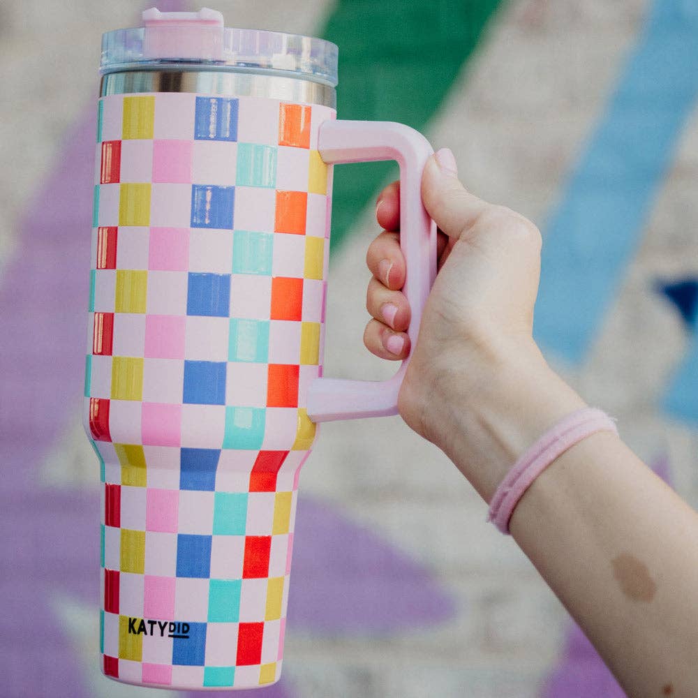 Pink-Multicolored Checkered Tumbler Cup