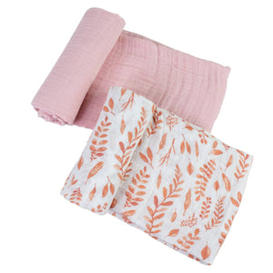 Pink Leaves & Cotton Muslin Swaddle Blanket Set