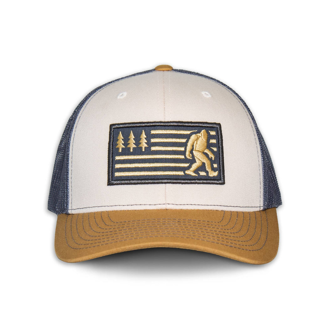 Bigfoot Sasquatch American Flag Trucker Hat