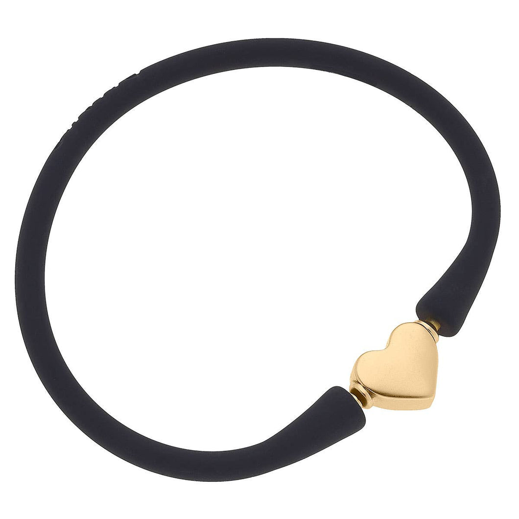 Black - 24K Gold Plated Heart Bead Silicone Bracelet