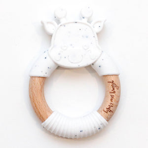 Silicone + Wood Ring Teether-white/black