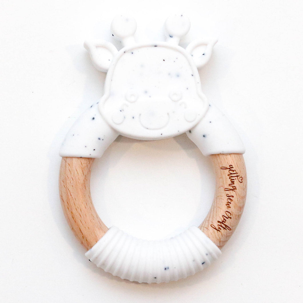 Silicone + Wood Ring Teether-white/black